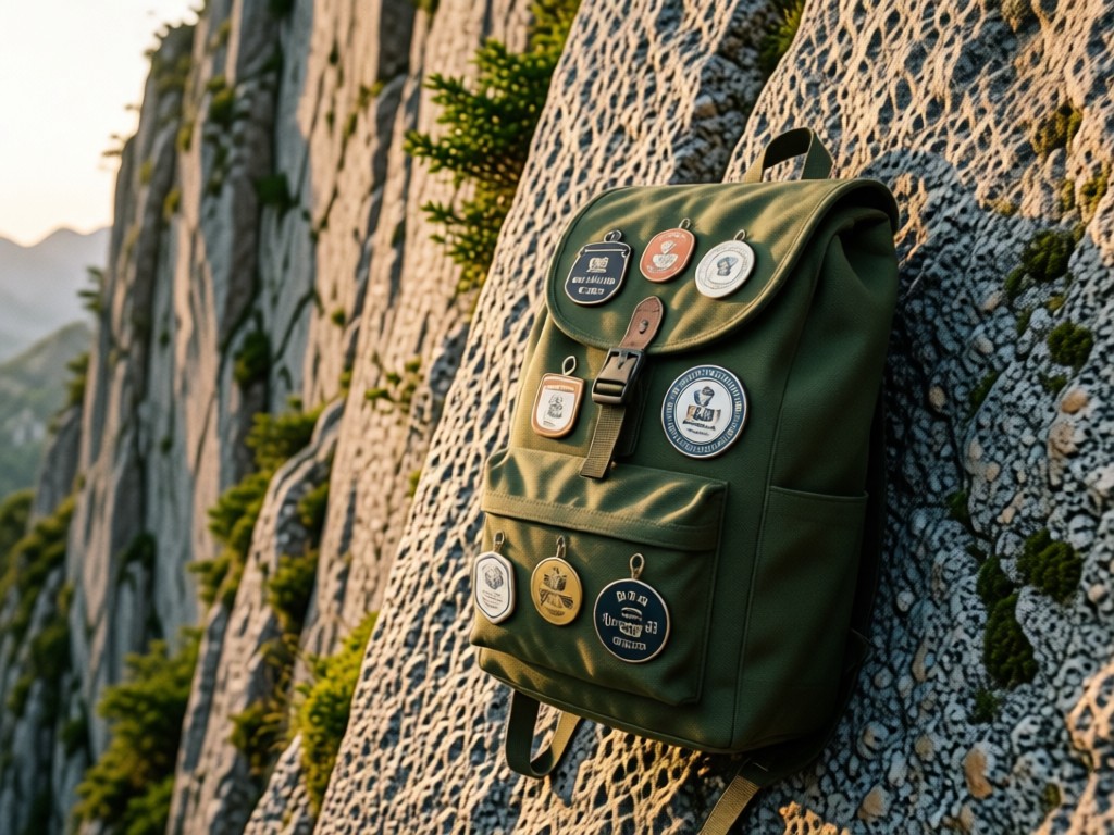 Neatly pinned certification badges on a canvas backpack against a granite cliff face. Soft afternoon light creates texture. Earthy greens and stone grays dominate. No people.