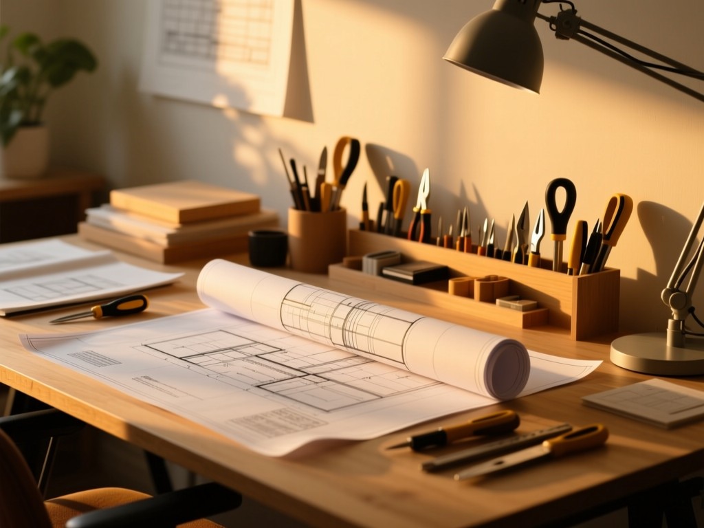 A designer's drafting table during golden hour with tools neatly arranged, warm light highlighting a single blueprint roll, minimalist composition symbolizing organization and creativity, soft shadows.