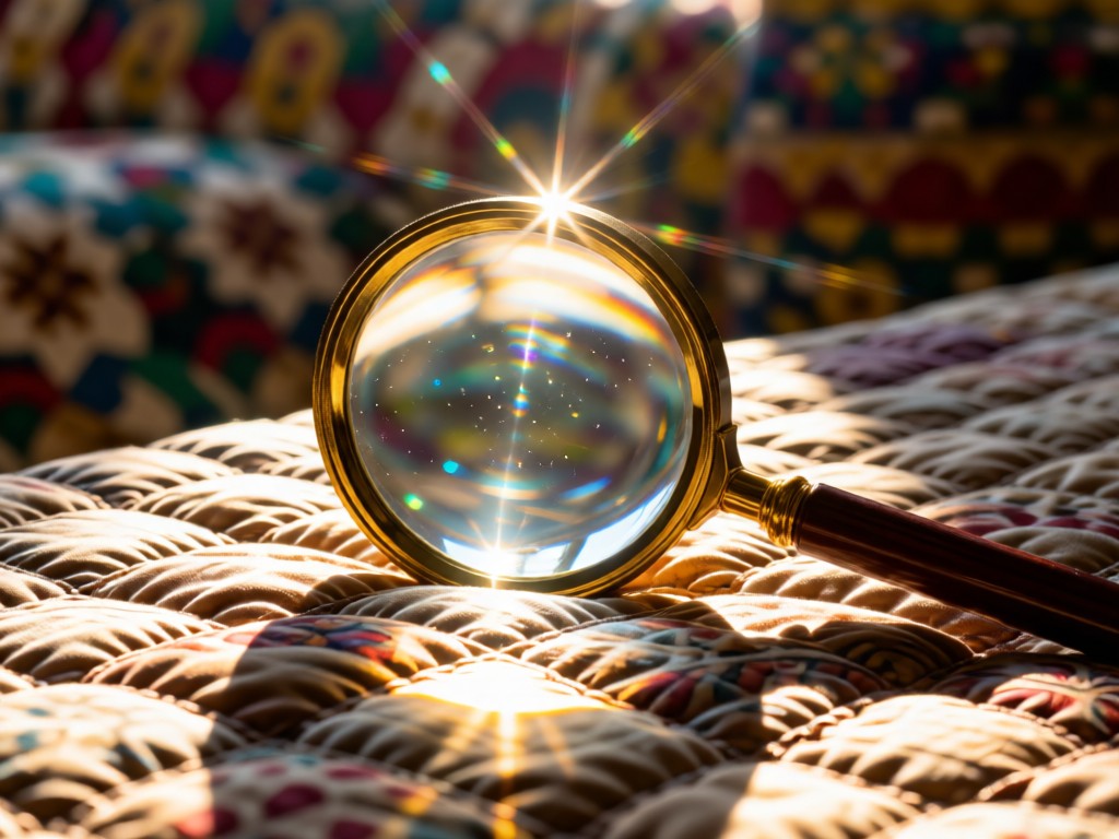 A magnifying glass resting on quilted fabric with sunlight creating lens flares. The background shows blurred textile patterns. No people.