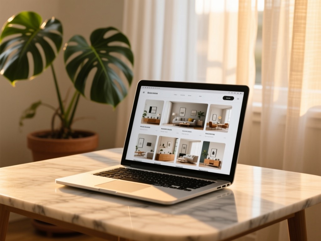 A minimalist laptop on a marble table during golden hour, screen displaying a carousel of home styling projects, soft natural light filtering through sheer curtains, potted monstera plant in background, shallow depth of field.