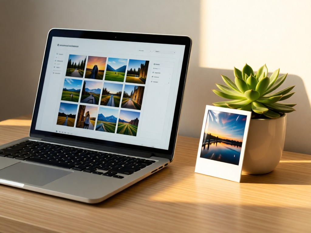 A minimalist desk with an open laptop showing a clean photo grid interface. Beside it, a single polaroid photo leans against a succulent plant in warm sunlight. Focus on technology and natural elements blending. No people.