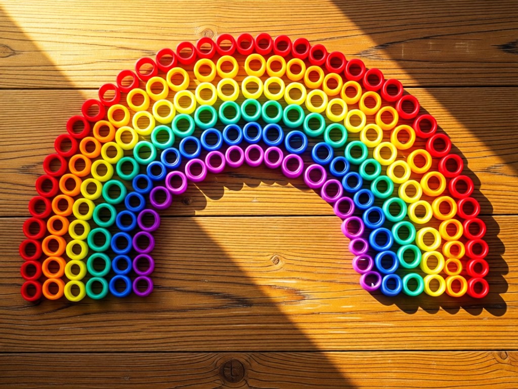 Aerial view of colorful event wristbands arranged in a rainbow pattern on a wooden surface. Golden light highlights textures. No people.