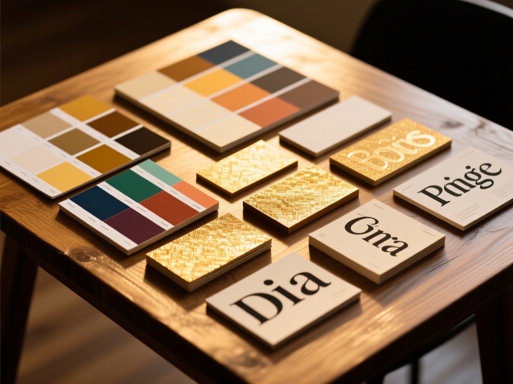 An angled view of color swatches and font samples arranged neatly on a wooden table. Golden light highlights the textures. No people.