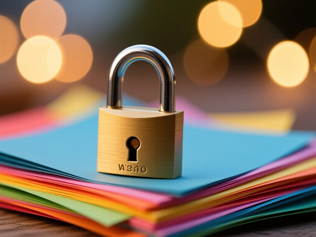A padlock resting on a stack of colorful construction paper. Warm bokeh lights blur in the background. No people.