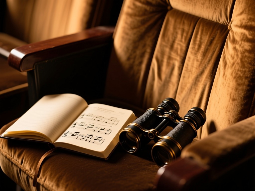 An open notebook with musical notation beside vintage theater binoculars on a velvet seat, soft backstage lighting, shallow focus, warm amber tones, no text visible.