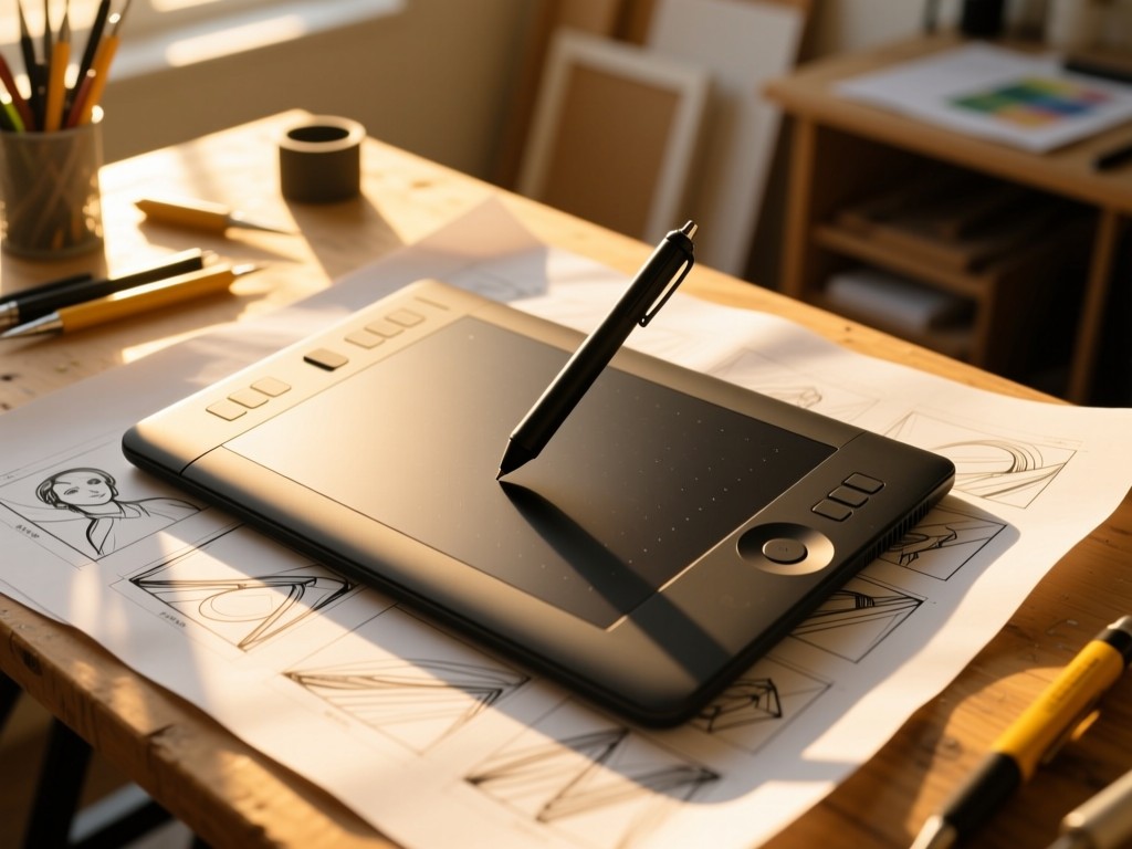 Aerial view of a high-end drawing tablet stylus resting on storyboard paper in a sun-drenched studio. The composition symbolizes precision tools in creative spaces. Golden hour lighting. No people.