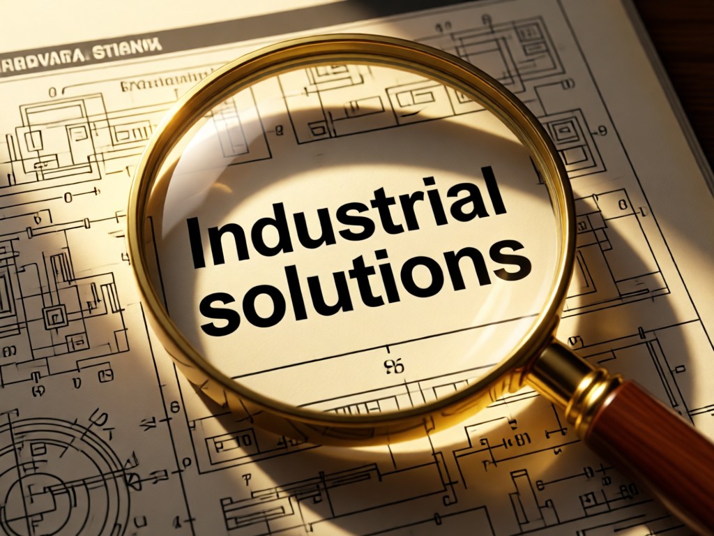 A magnifying glass focusing on 'industrial solutions' text in a technical manual. Warm sunlight creates depth. No people.