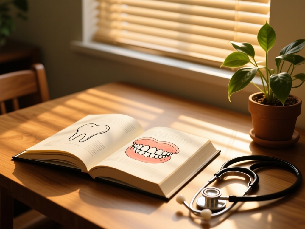 An open book with dental illustrations on a wooden table, golden hour light casting soft shadows through window blinds, a stethoscope and healthy plant nearby, warm tones, shallow depth of field.