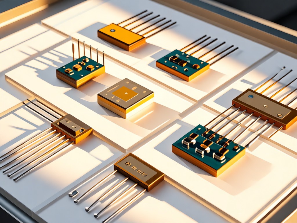 Aerial view of minimalist electronics components arranged in geometric patterns on a lightbox. Golden hour illumination creates precise shadows, highlighting resistors and capacitors against a pure white background. No people.