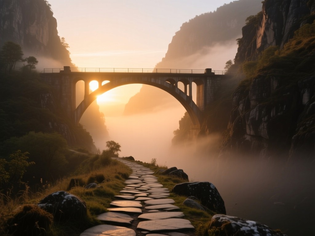 A single bridge spanning a misty canyon at sunrise. Stone path leads toward light, symbolizing guided transitions. Warm tones, no people.