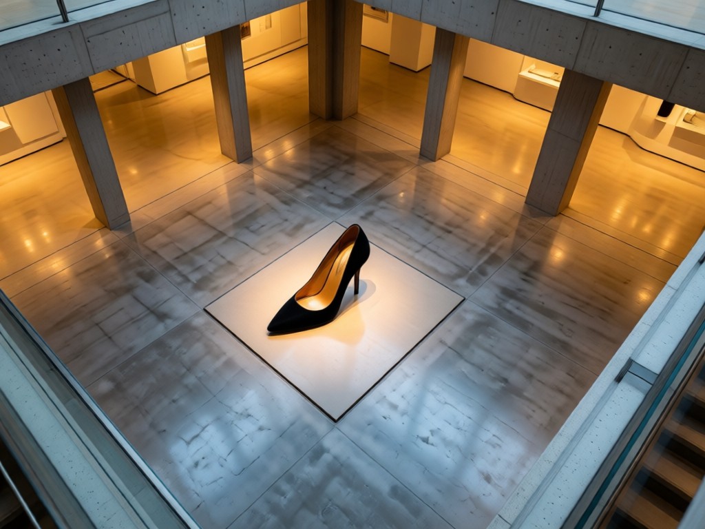 Aerial view of a single Prada monolith heel centered on a polished concrete floor. Stark architectural lines and warm lighting create gallery-like sophistication. No people.