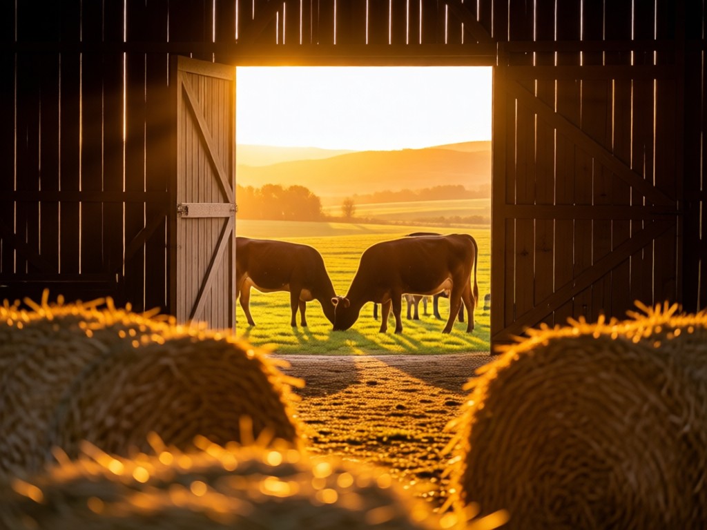 Sunlit open barn door revealing grazing cattle in golden-hour pasture. Hay bales in foreground with soft focus. Warm, inviting atmosphere. No people.