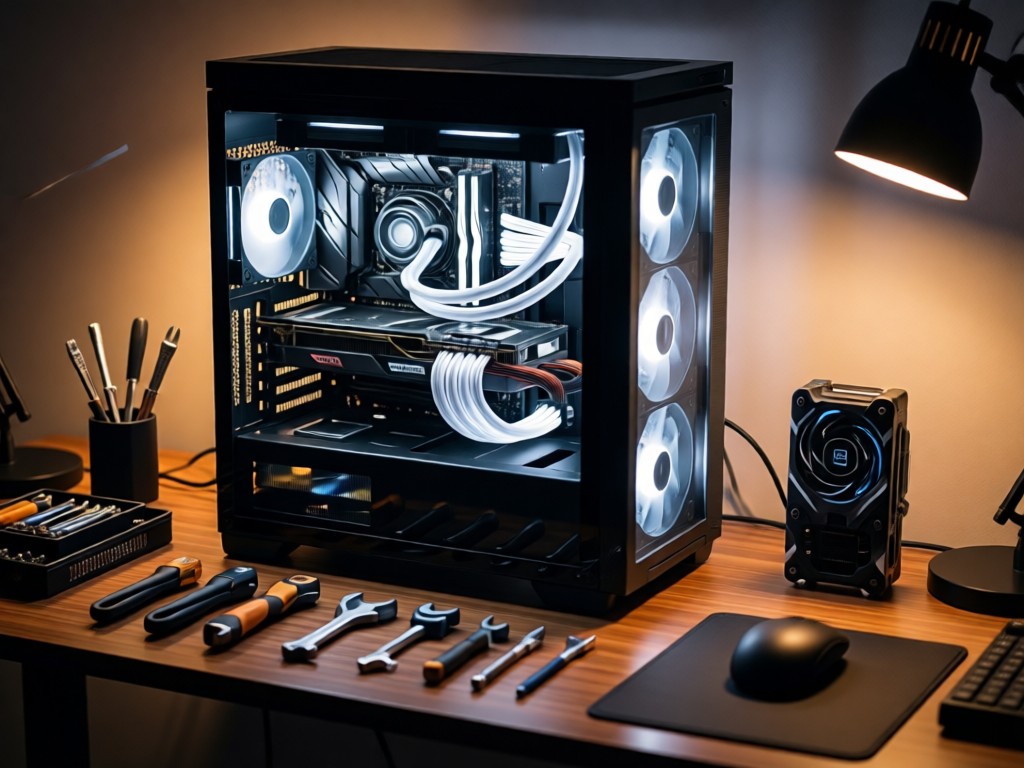A meticulously arranged desk with a transparent PC case showing internal components. Soft ambient lighting highlights liquid cooling tubes and GPU. Tools neatly organized beside it. No people.