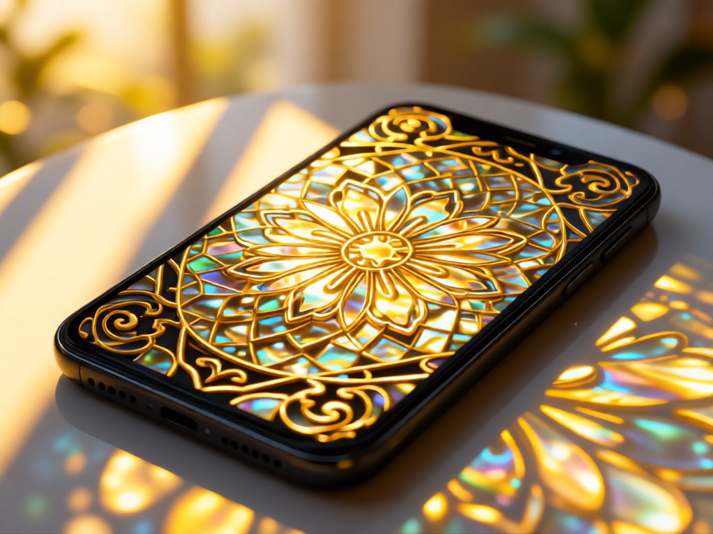 Traditional Filipino pattern overlays on modern devices. Golden light filters through capiz shell textures. Soft focus background. No people.