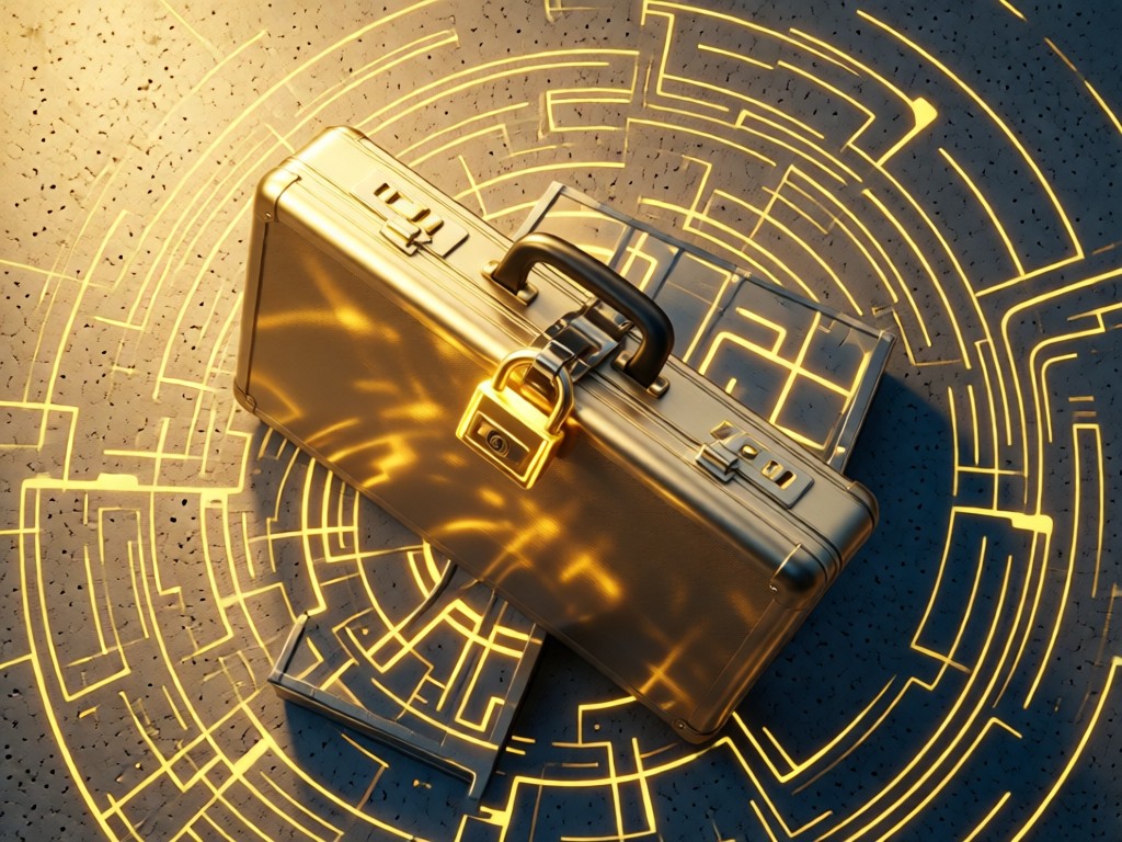 Overhead shot of a locked metal briefcase on a concrete surface. Golden light emphasizes the lock mechanism with abstract security patterns in the background.