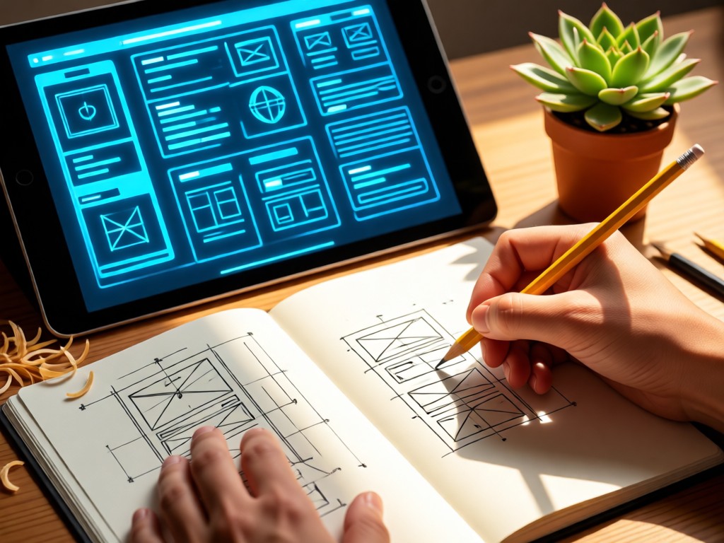 Close-up of hands sketching wireframes in a notebook next to a glowing tablet showing UI prototypes. Sunlight highlights pencil shavings and a succulent plant. No faces visible.