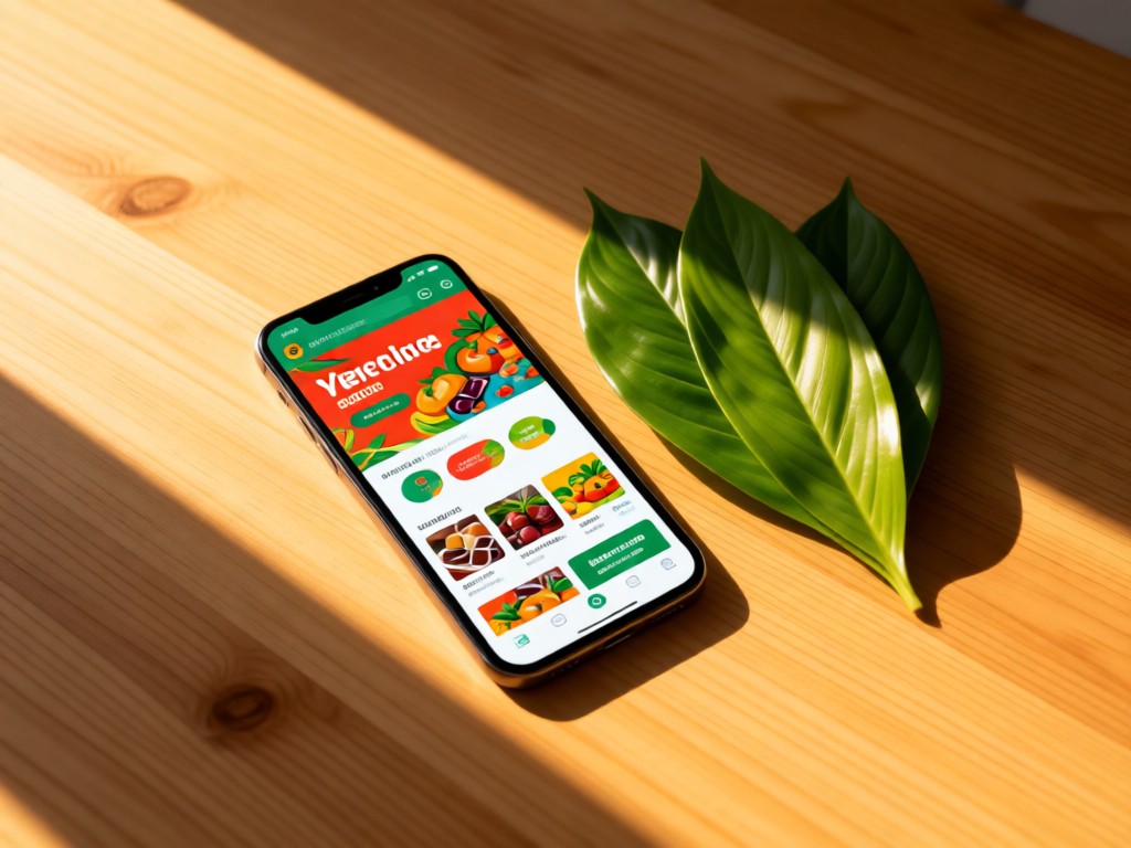 Smartphone displaying a colorful Nigerian grocery website beside fresh utazi leaves. Golden hour light casts long shadows across a clean wooden surface. Minimalist composition. No people.