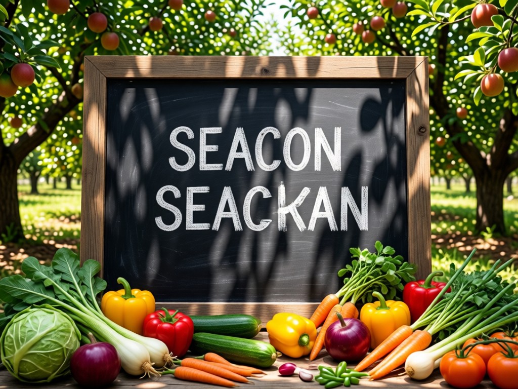 A rustic chalkboard displaying seasonal produce names, surrounded by actual vegetables. Dappled sunlight through orchard trees creates natural spotlight. No humans.