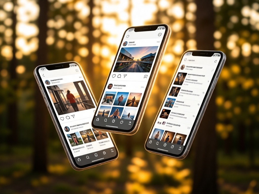 Three floating smartphones showing cohesive photography feeds. Sunlight catches their edges against a blurred forest background. Golden hour glow unifies the displays.