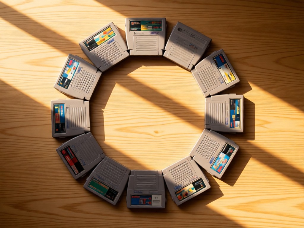 An artistic flat lay of vintage Nintendo game cartridges forming a circle on a light oak surface. Warm sunlight streams across the arrangement, creating soft shadows. No people.