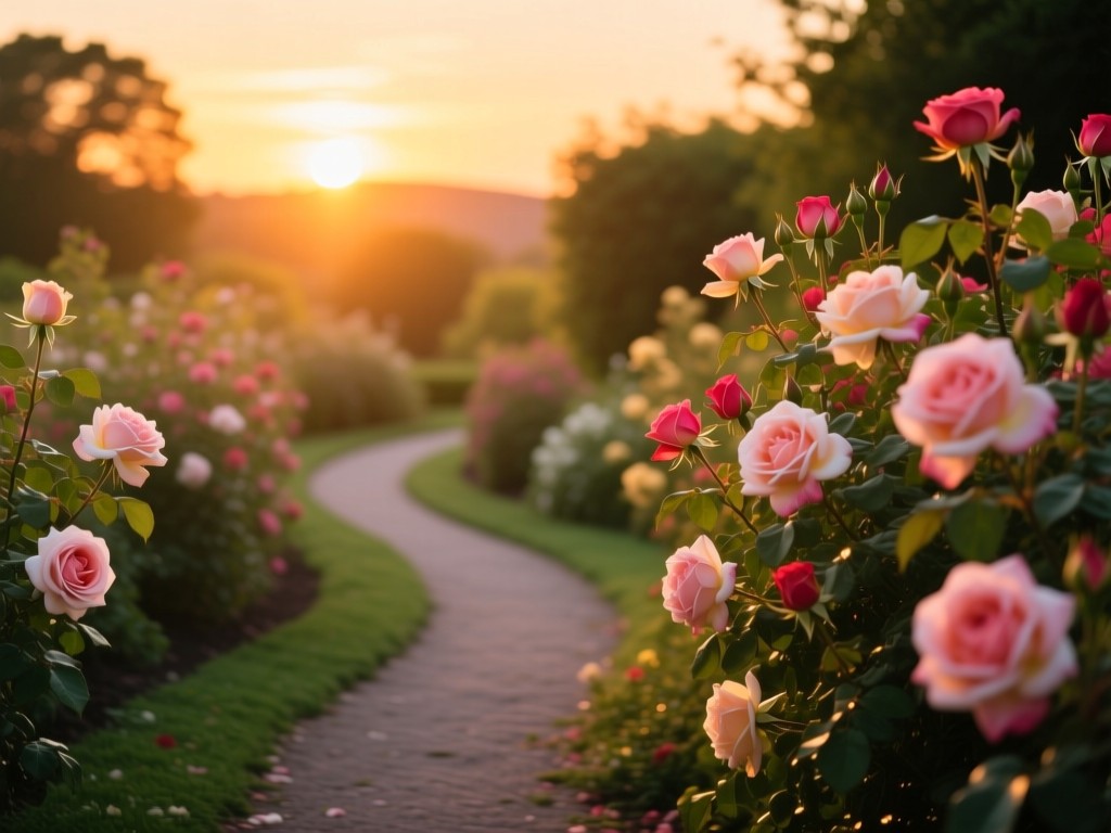 A winding garden path at sunset lined with blooming roses, symbolizing organic growth, golden hour lighting, vibrant colors, soft focus background, no people present.