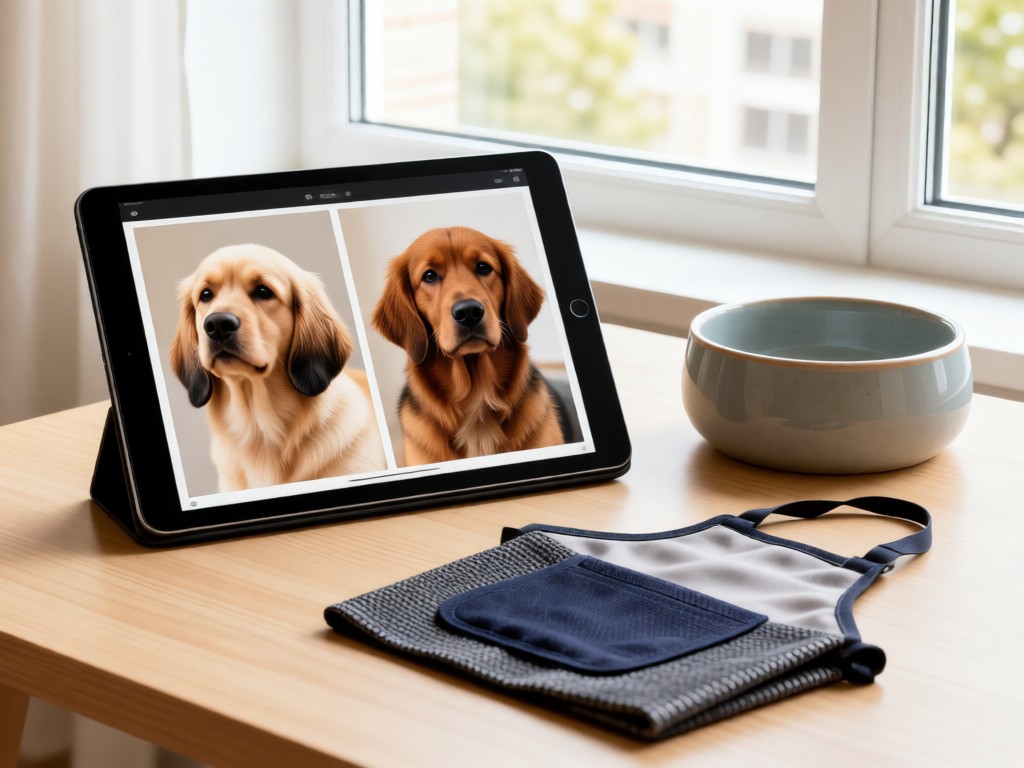 A tablet displaying before-and-after pet grooming photos. Beside it, a neatly folded grooming apron and ceramic pet bowl. Soft natural light from a nearby window. Clean composition. No people.