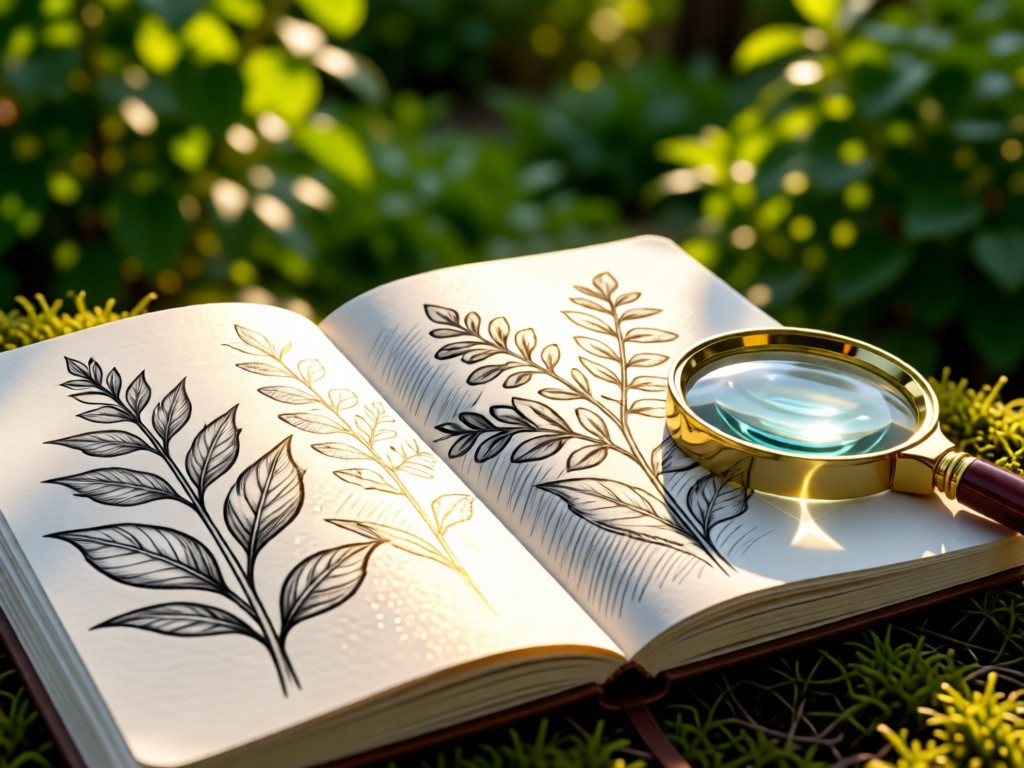 Open field notebook with hand-drawn plant sketches beside a magnifying glass. Sunlight highlights graphite shading on paper. Blurred greenery in background. No people.