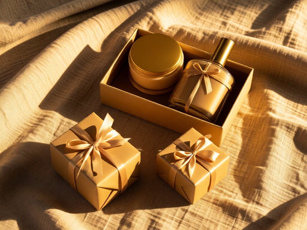 An overhead shot of three beautifully packaged products arranged on a textured linen cloth. Soft shadows emphasize depth, with golden hour light highlighting material details. No people.