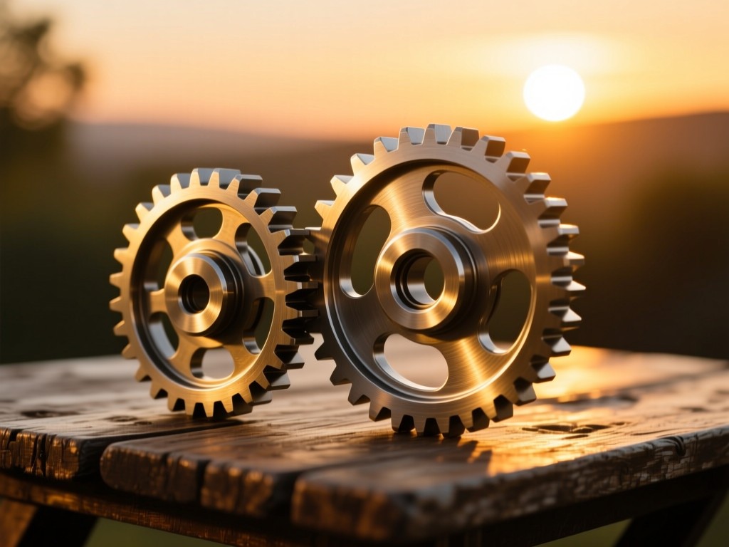 Interlocking brushed metal gears on a rustic table during sunset, golden light highlighting seamless movement, symbolizing automation, soft shadows, no text.