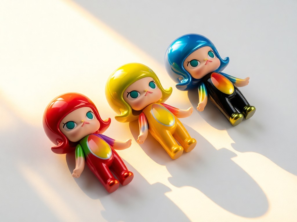 A minimalist white backdrop with three colorful PopMart figures arranged diagonally. Golden sunlight creates soft shadows and enhances their glossy textures. Focus on vibrant colors against clean negative space. No people.