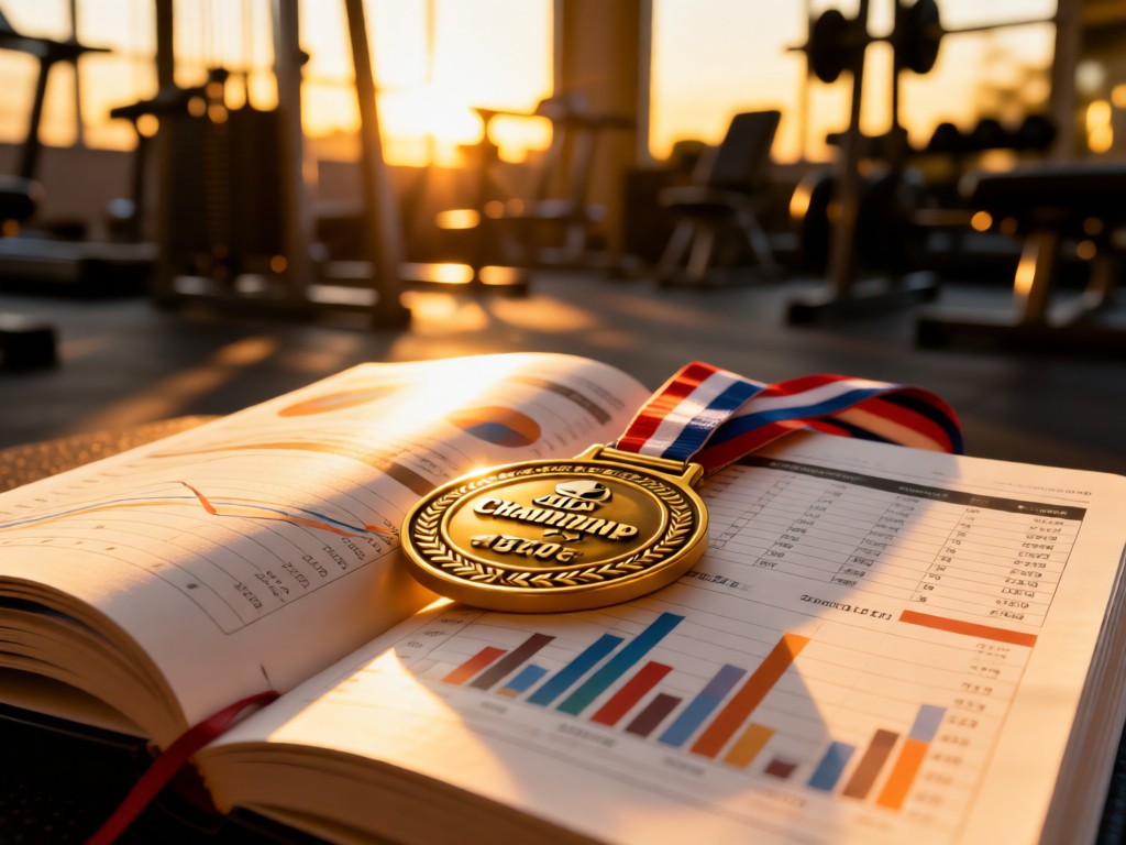 A championship medal resting on an open fitness journal. Sunlight hits the pages showing workout stats. Blurred gym equipment in background. Golden hour warmth. No people.
