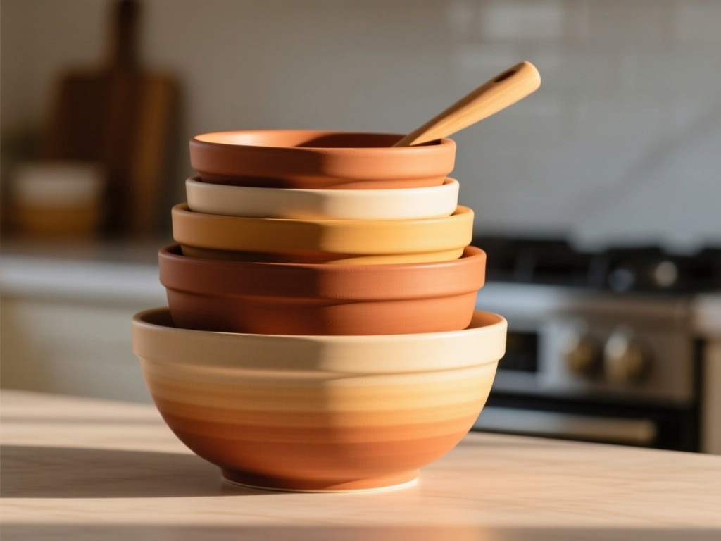 Stacked ceramic mixing bowls in gradient sizes at golden hour, soft light creating concentric shadows, warm terracotta tones against a blurred kitchen background, minimalist style.