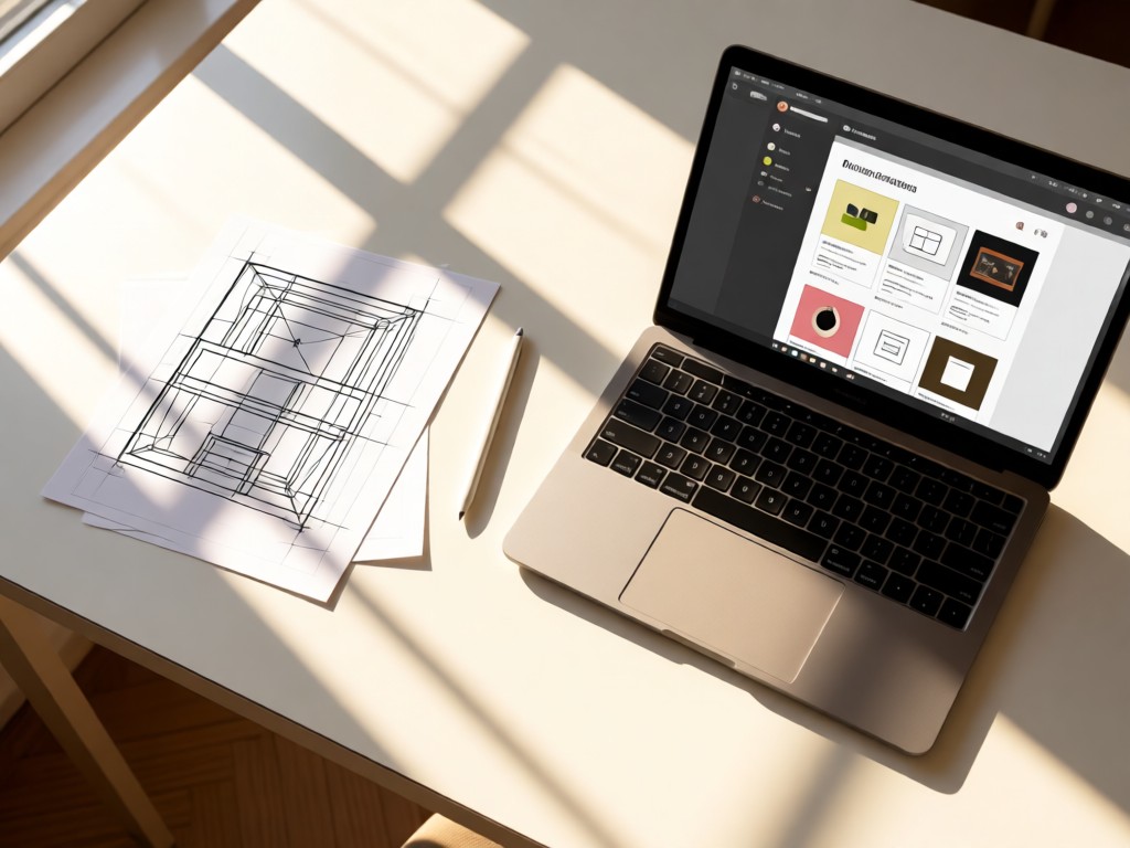 Aerial shot of a clean desk with a wireframe sketch, Apple Pencil, and open MacBook showing a responsive portfolio. Morning sun creates geometric shadows. Minimalist composition.