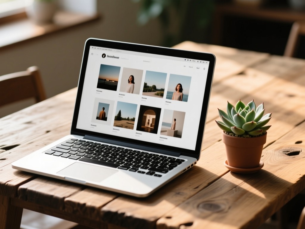 A modern laptop displaying a clean photography portfolio grid on a rustic wooden table. Soft natural light highlights the screen. A single succulent plant beside it. No people.