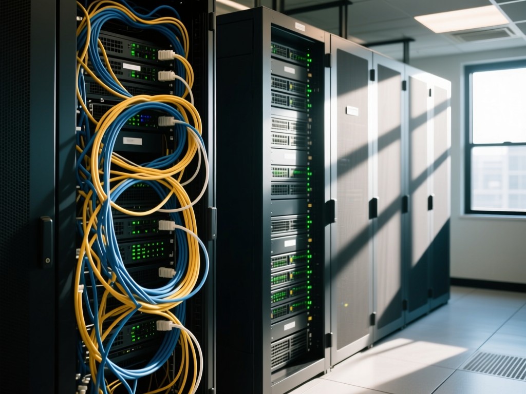 Two server racks side-by-side: one chaotic with tangled cables, one perfectly organized. Sunlight streams through data center windows creating dramatic shadows. No people.