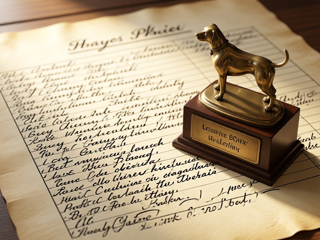 Close-up of a handwritten pedigree chart on parchment paper, weighted by an antique brass dog show trophy. Soft morning light. Focus on tradition and accuracy. No people.