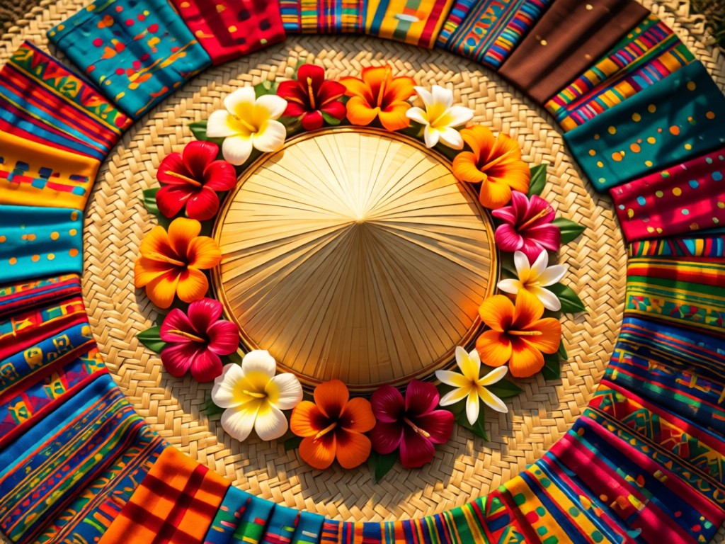 Aerial view of traditional Filipino salakot hat surrounded by tropical flowers and fabric swatches on woven mat. Golden light creates long shadows. Symbolizes cultural pride meeting modern presentation. No people.