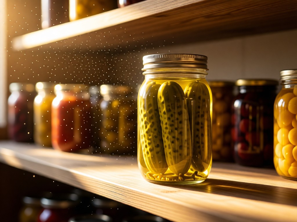 Single perfect pickle jar centered on a sunlit pantry shelf. Dust motes dance in golden light. Shelves hold preserves in background blur. Symbolizes focus and craft. No people.