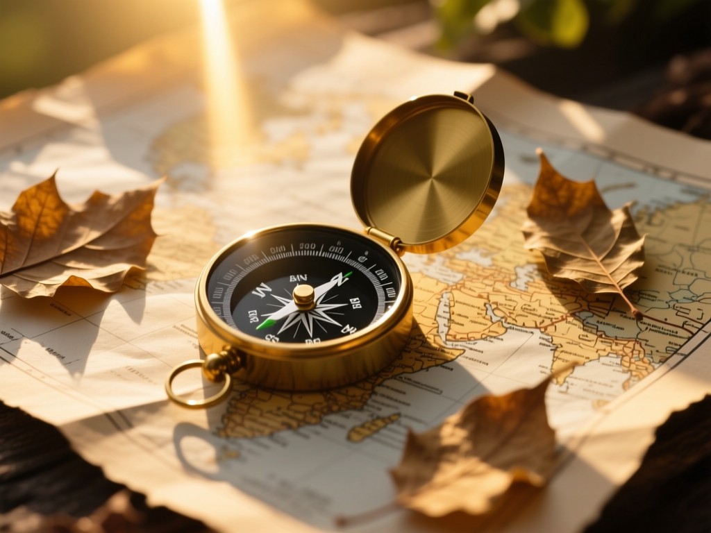 A compass resting on recycled paper maps under golden hour light, surrounded by pressed leaves, symbolizing discovery, warm sun rays, natural textures, minimalist composition, no text.