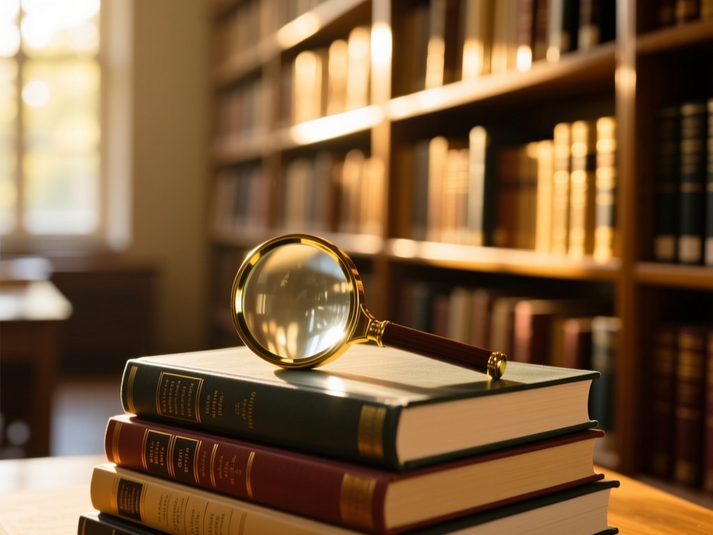 A magnifying glass resting on stacked academic journals in a sunlit study, golden light filtering through shelves, shallow depth of field, warm natural tones, no people.