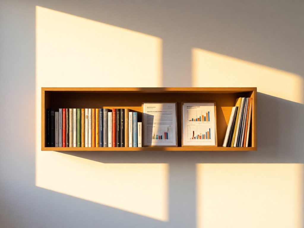 A minimalist bookshelf with precisely aligned economic journals and reports. Golden hour light creates long shadows on a clean white wall. No people.