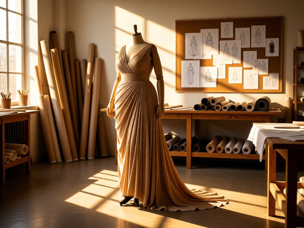 An elegant plus size mannequin wearing a draped gown, standing in a sunlit atelier with fabric rolls and design sketches. Golden hour light creates long shadows, symbolizing focus on craftsmanship. No people.