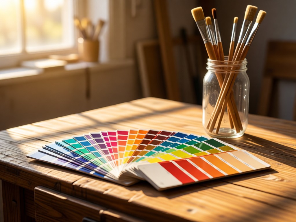 Paint swatches fanned out on a wooden workbench. Afternoon sun illuminates the color gradients. In soft focus, brushes stand in a mason jar. Warm, artistic atmosphere. No people.