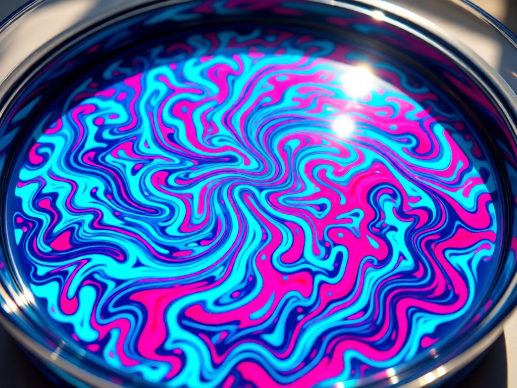 Aerial view of vibrant liquid marbling in a circular vessel. Electric blues and neon pinks swirl into fractal patterns. Sunlight creates luminous highlights on the liquid surface. No people.