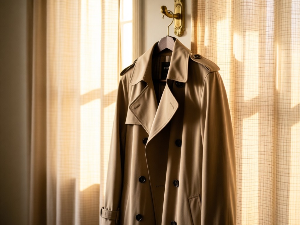 A single tailored trench coat hanging on a brass hook against sunlit linen curtains. Represents focus and essential craftsmanship. Soft morning glow. No people.