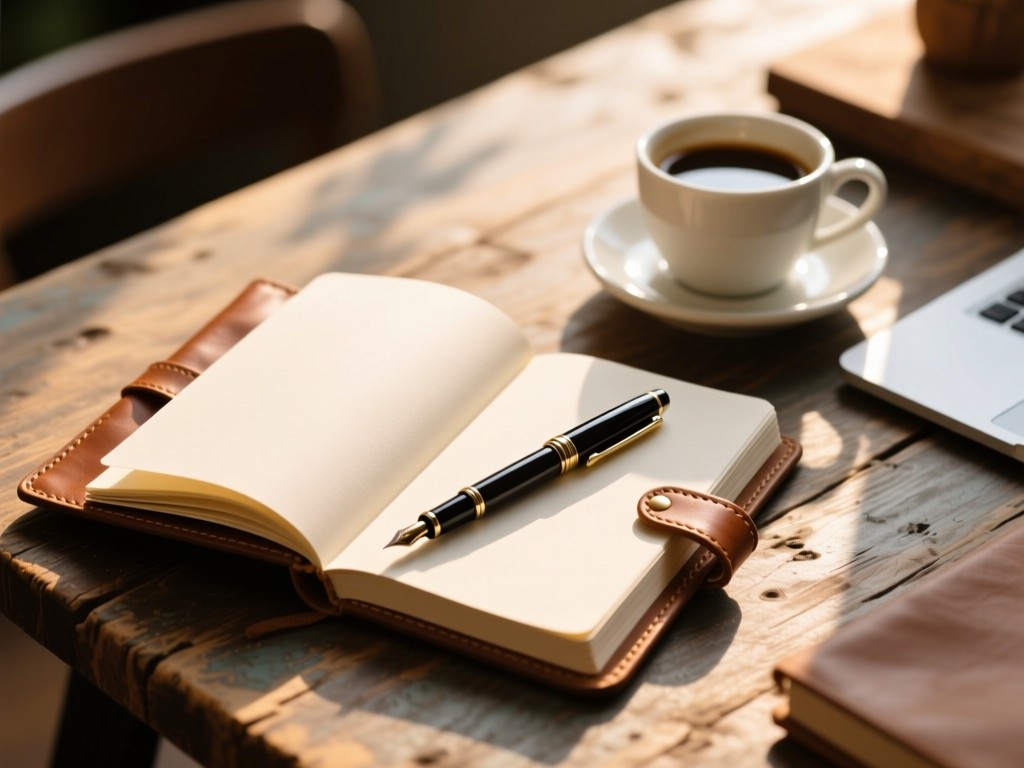 An open leather journal and fountain pen on a rustic table, soft sunlight illuminating blank pages, coffee cup nearby, warm tones, creative workspace, no text.