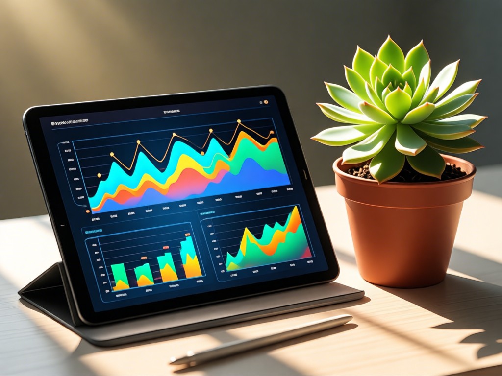 A tablet showing colorful analytics charts beside a thriving potted succulent. Morning light creates soft shadows. Growth-focused. No people.