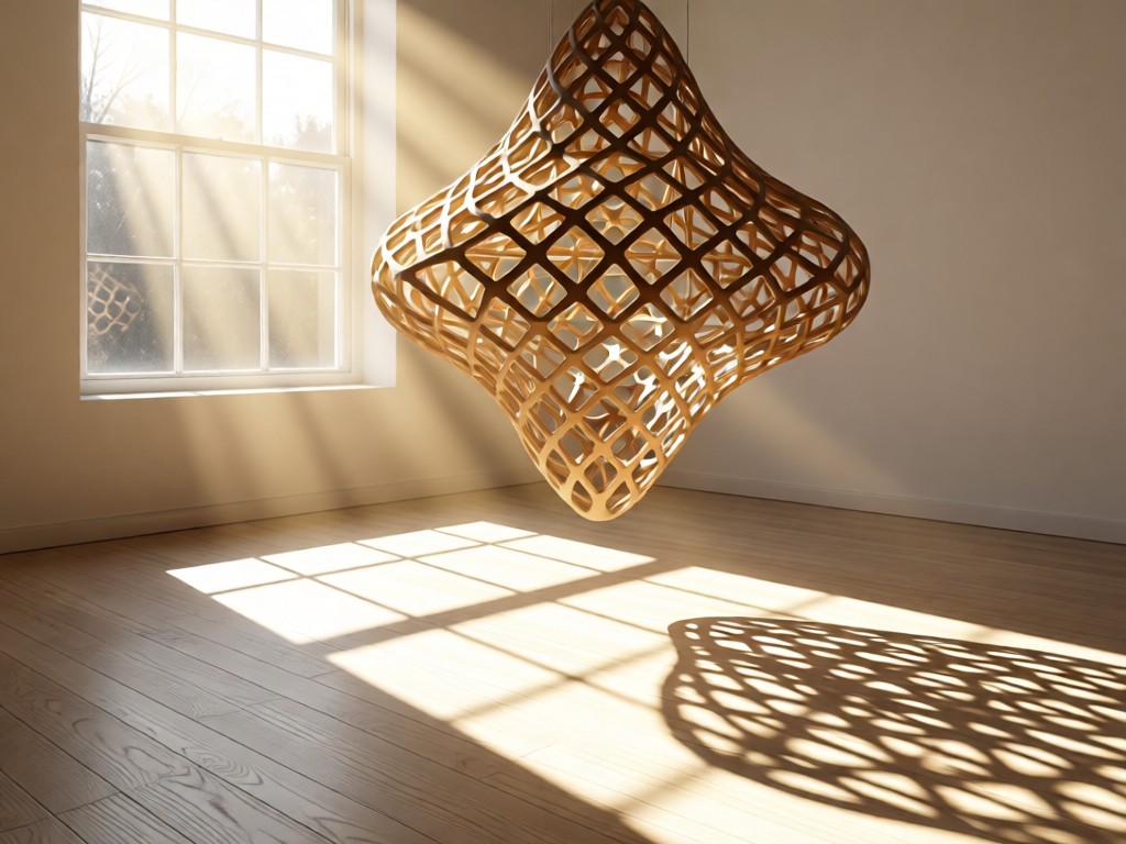 An abstract 3D-printed lattice structure suspended in a sunbeam near a window. The intricate shadows create evolving patterns on a white oak floor. Symbolizes clarity through complexity. No people.