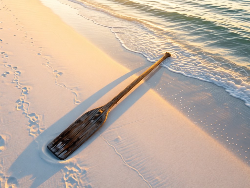 An aerial view of a single weathered wooden oar resting on white sand near gentle waves. The composition symbolizes focus and coastal identity. Golden hour lighting. No people.
