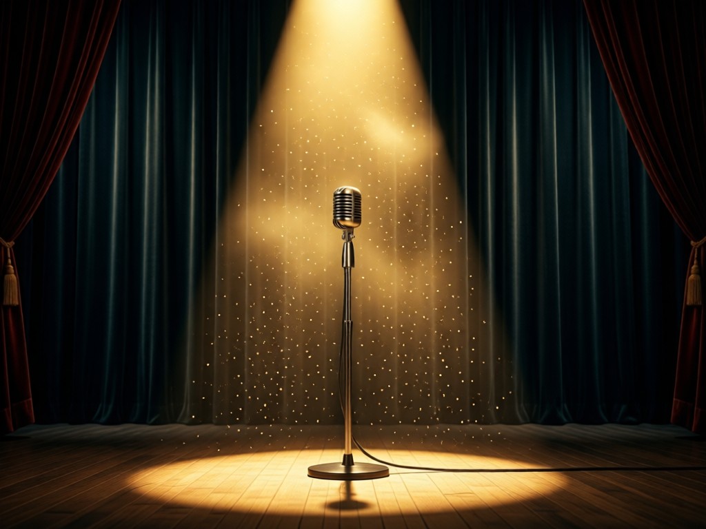 An empty stage bathed in golden spotlight with a vintage microphone stand center frame. Dust particles visible in light beams against dark velvet curtains. Mysterious and professional ambiance. No people.